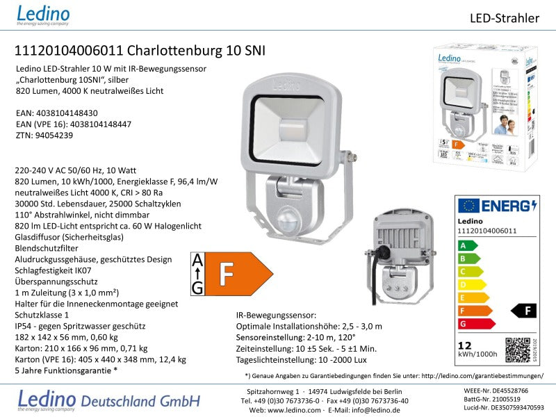 Ledino LED-Strahler Charlottenburg 10W mit Sensor
