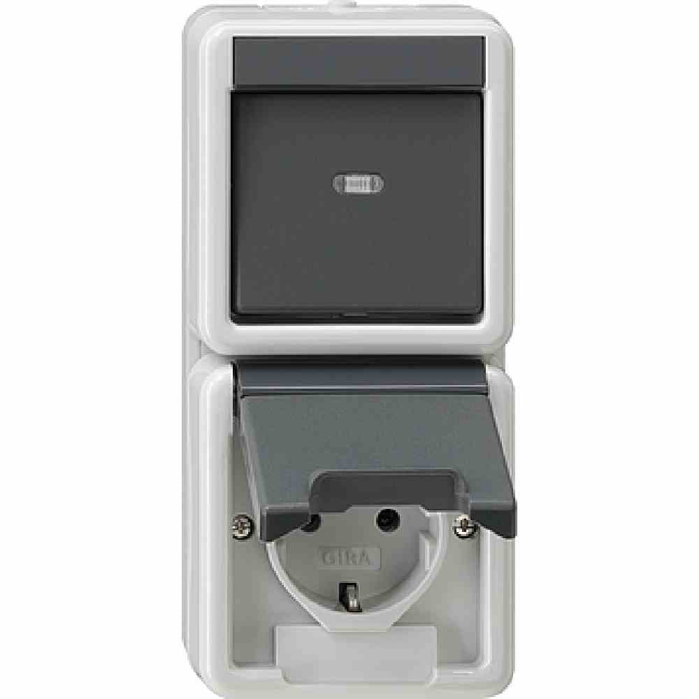 GIRA WG AP Kombi Wechsel+SCHUKO Steckd. grau matt mit Klappdeckel