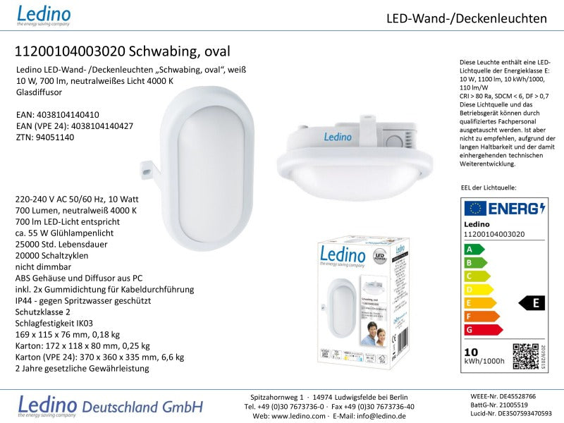 Ledino LED-Leuchte Schwabing Wand/Decke, 10W, 4000K,oval (Notleuchte)
