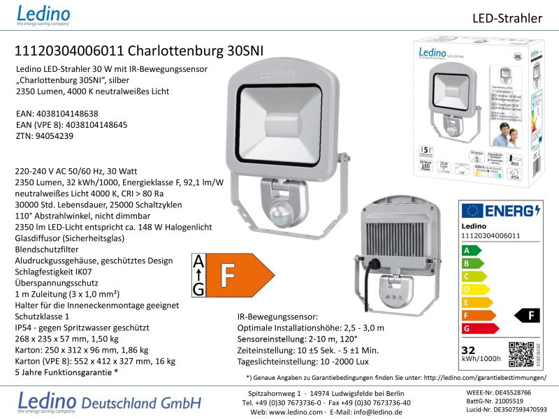 Ledino LED-Strahler Charlottenburg 30W mit Sensor