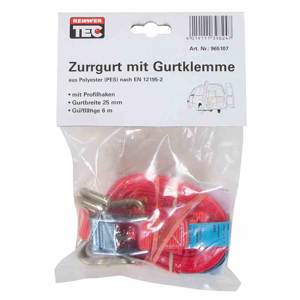 Zurrgurt 25mm 2-tlg. rot mit Klemme + Haken 6 m